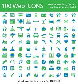 One hundred different highly detailed vector Icons for Web Applications. Media, Medical, Party, Hotel and Travel.