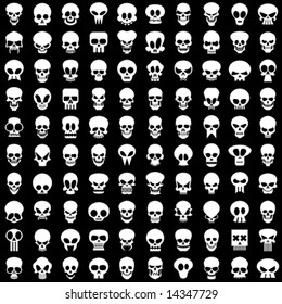 one hundred different skulls on black background