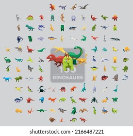 One Hundred Dinosaurs Cartoon Vector Illustration Set