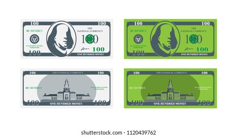 One hundred dollar banknote front and back. Flat vector illustration EPS10.
