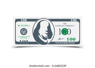 One hundred dollar banknote with shadow. Flat vector illustration EPS10.