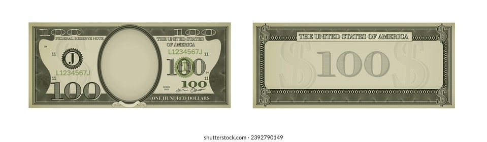 One hundred dollar banknote template. US fake cash 100 usd note. Game joke money