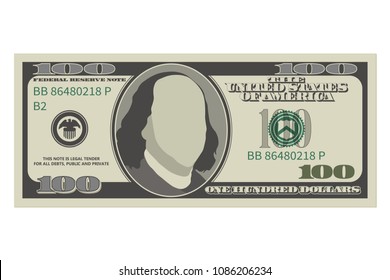 One Hundred Dollar Bill. 100 Dollars Banknote. Vector Illustration Isolated On White Background