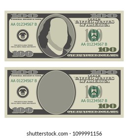 One hundred dollar bill design template. 100 dollars banknote, front side with and without president Franklin. Vector illustration isolated on white background