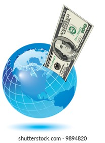 A one hundred dollar bill sticking out of a slot on the earth