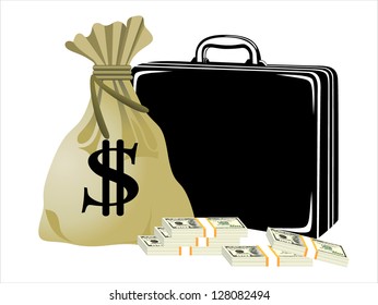 A lot of one hundred dollar bills in a case with a bag with a dollar sign isolated on white