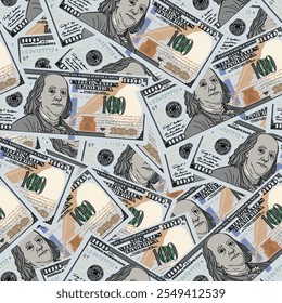 One hundred Dollar bills seamless pattern background. United States of America money. World economy. Modern business concept. Financial success. Vector pattern 100 dollar