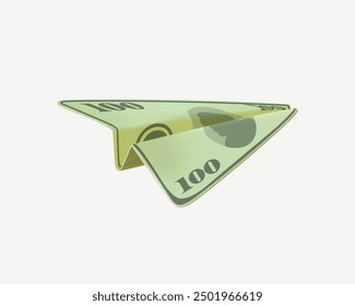 One hundred dollar plane 3D style illustration isolated on white background. Dollar airplanes. 100 US dollars banknote airplane origami. Money transfer market, banking, transportation business