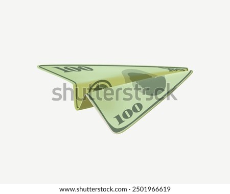 One hundred dollar plane 3D style illustration isolated on white background. Dollar airplanes. 100 US dollars banknote airplane origami. Money transfer market, banking, transportation business