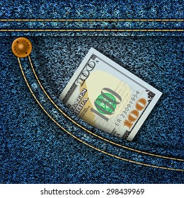 One hundred dollars in the pocket of blue jeans. Vector illustration