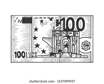 One hundred euro cash sketch engraving vector illustration. T-shirt apparel print design. Scratch board style imitation. Black and white hand drawn image.