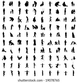 One hundred isolated silhouettes of parents and children.