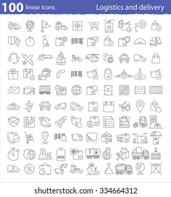 One hundred linear icons for transportation, logistics and delivery infographics and web design