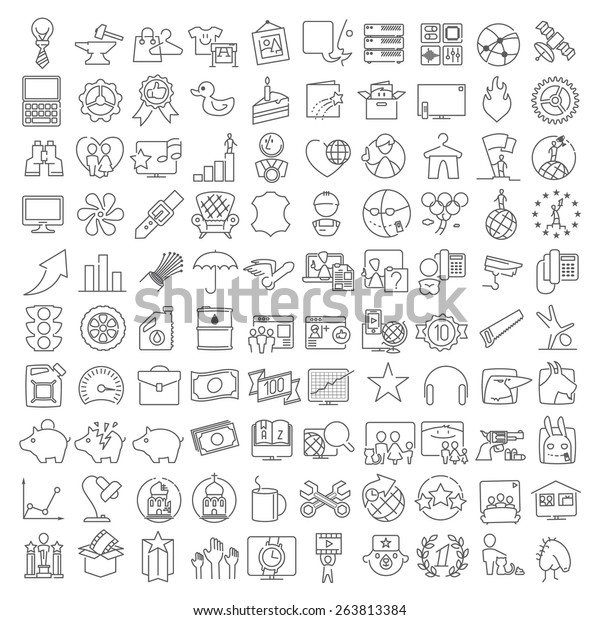 One hundred miscellaneous thin line icons
set for web design and
infographics