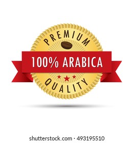 One hundred percent arabica coffee premium quality gold badge icon logo vector graphic design