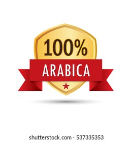 One hundred percent arabica coffee gold badge icon logo vector graphic design.