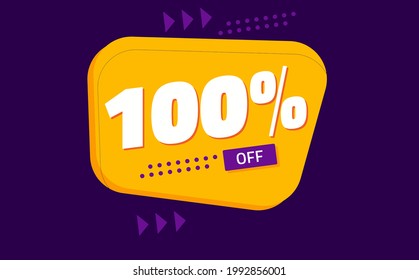 one hundred percent discount. purple banner with orange floating balloon for promotions and offers 