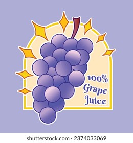 One hundred percent grape juice sticker drink product label design vector illustration with frame and stars element isolated on square background. Simple flat cartoon art styled drawing.