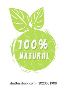 One hundred percent natural multicolored banner, vector illustration with green fruit with curved white lines, two leaves, isolated on bright backdrop