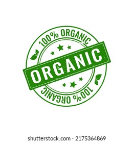 One hundred percent organic. Green organic icon with shabby texture. Label for organic product, stamp logo. Isolated vector illustration