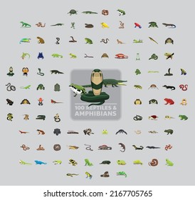 One Hundred Reptiles and Amphibians Cartoon Vector Illustration Set