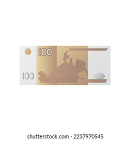 One hundred rubles banknote, cash money of Russia. Vector illustration of paper currency and banknote. Cartoon design of one hundred Russian rubles isolated on white background. Bank, finance