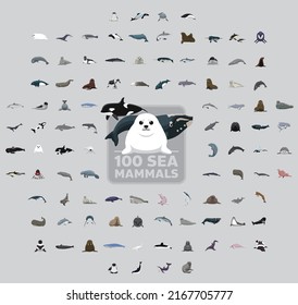 One Hundred Sea Mammals Cartoon Vector Illustration Set