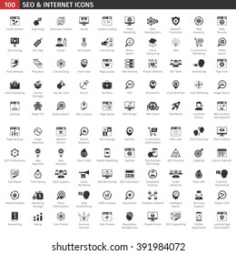 One Hundred SEO And Web Development Black Icons Set.