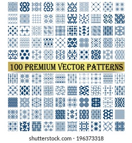 Hundert Formen für niedliches, klassisches, Retro- oder Vintage-Design. Vektormuster wie Stern, Linie, Rechteck, Dreieck, Raute, Netz, Blatt, Kreis, Blume, Spirale, Kurve.