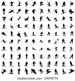 One hundred silhouette of skiers. Downhill racing, a snowboard, children and teenagers in movement.