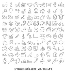 One hundred thin line baby icons. includes toys, healthcare, food, goods, equipment, leisure, recreation, entertainment, animals, people, objects and many other for web design and infographics.