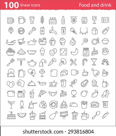 One hundred thin line food and drink icons for print or web design and infographics