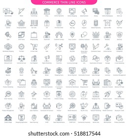 One Hundred Thin Line Icons Set Of Commerce And Shopping. 100 Linear style icons. Web Elements Collection