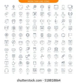 One Hundred Thin Line Icons Set Of Social Media And Internet. 100 Linear style icons. Web Elements Collection