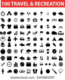 One hundred travel and recreation icons represented in simple black and white silhouettes EPS Vector Art
