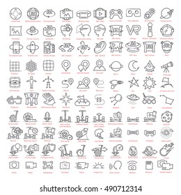 One hundred vector thin line  icons set. Contains: 3d an virtual reality, augmented reality and navigation, gyro scooters and hoverboards, space and more for UX UI prototypes