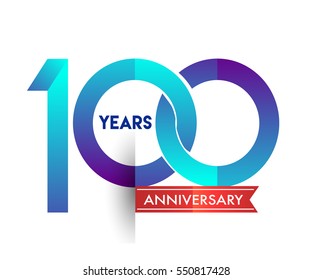 one hundred years anniversary celebration logotype blue colored with red ribbon, 100th birthday logo on white background