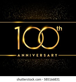 logotipo de celebración de cien años. Logo del 100º aniversario con color dorado confetti aislado en fondo negro, diseño vectorial para tarjeta de felicitación y tarjeta de invitación.