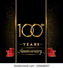 one hundred years anniversary celebration logotype. 100th anniversary logo with confetti golden colored and red ribbon isolated on black background, vector design for greeting card and invitation card