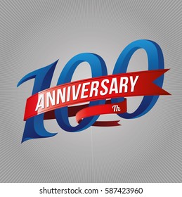 one hundred years anniversary logo with red ribbon, 100th years celebration
