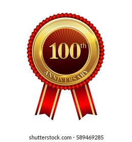 one hundred years birthday celebration logotype. 100th years anniversary golden badge with red ribbons isolated on white background, vector design for greeting card, banner and invitation card