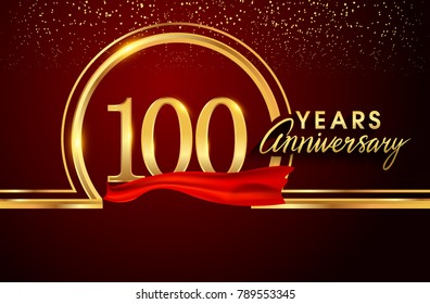 one hundred years birthday celebration logotype. 100th anniversary logo with confetti and golden ring, red ribbon isolated on red background, vector design for greeting card and invitation card.