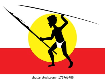 one hunting aboriginal man on red and white background