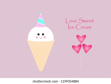 One ice cream cone with smiling face and happy. love sweet ice cream. cartoon vector illustration. 