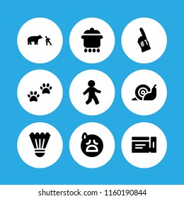 one icon. 9 one set with cook, badminton, bear and snail vector icons for web and mobile app
