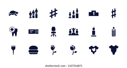 One icon. collection of 18 one filled icons such as ticket, baby onesie, candle, ranking, burger, rose, dental care, musical sharp. editable one icons for web and mobile.
