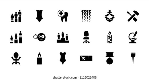 One icon. collection of 18 one filled icons such as barber brush, swimsuit, ranking, office chair, head bang emot, box, candle. editable one icons for web and mobile.