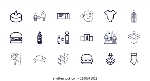 One icon. collection of 18 one outline icons such as ticket, baby onesie, swimsuit, son and father, burger, box, candle, ranking. editable one icons for web and mobile.