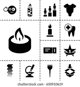 One icon. set of 13 filled oneicons such as ticket, baby onesie, barber brush, curly hair, candle, ranking, head bang emot, box, microscope, dental care