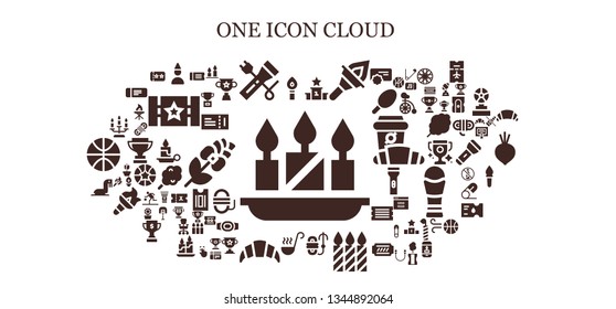 one icon set. 93 filled one icons.  Simple modern icons about  - Candles, Torch, Birthday boy, Flashlight, Podium, Rope, Ladle, Croissant, Sea lion, Candle, Ticket, Trophy, Rose